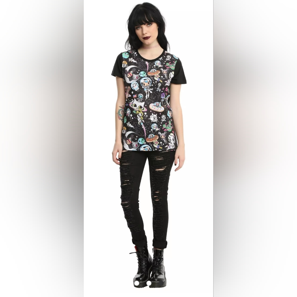 Tokidoki all over space print Black Colorful Character T-shirt size large - Picture 3 of 7